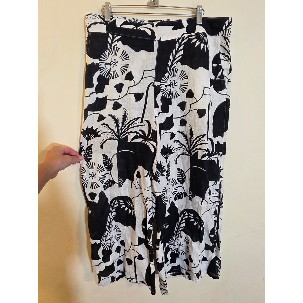 Nicole Miller New York Linen Wide Leg Pants Black White Floral XL RN 75343
